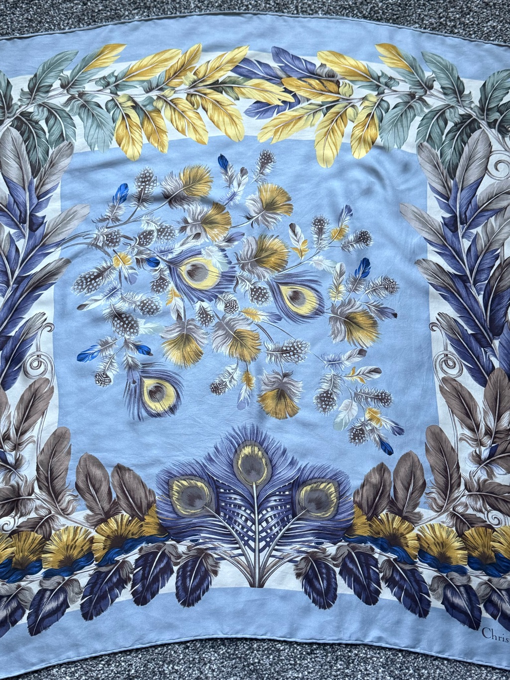 Dior Scarf 100 Silk Blue Gold  Navy Feather Print